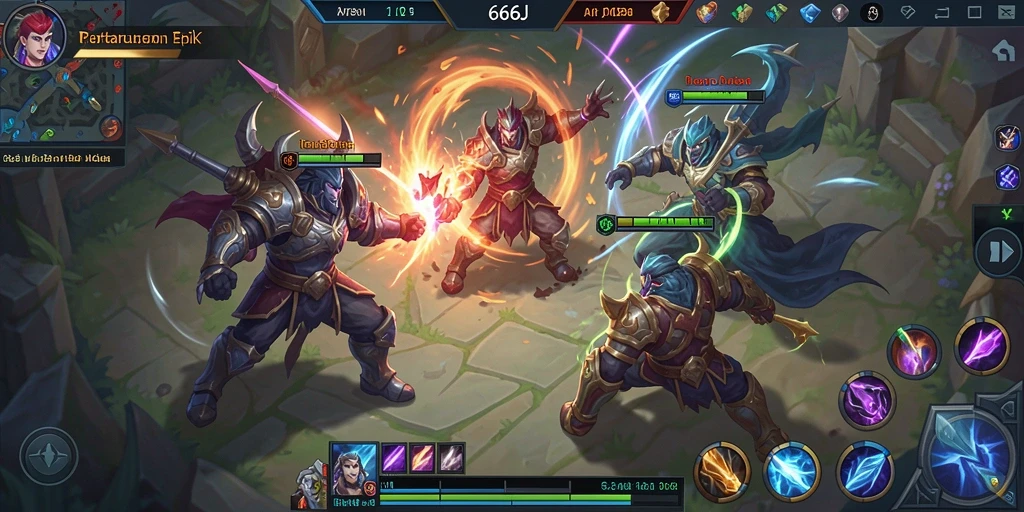 Tangkapan layar utama 666J dengan pertarungan seru di arena MOBA.