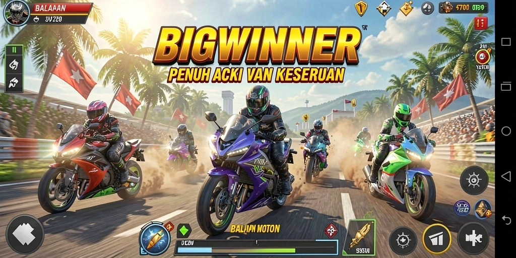 Tampilan screenshot BIGWINNER yang menunjukkan aksi balapan motor yang mendebarkan.