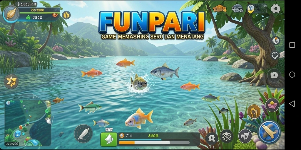 Tampilan gameplay seru di FUNPARI saat memancing ikan besar.