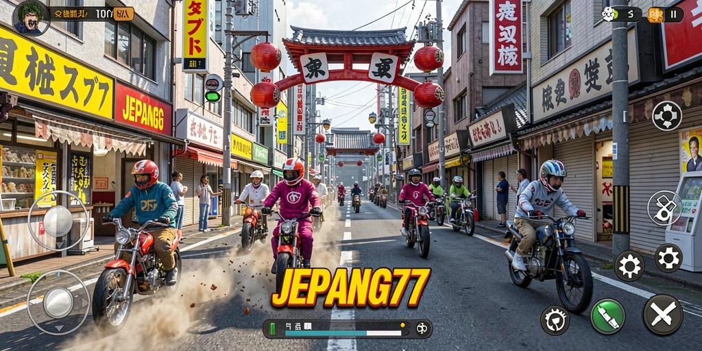 Tangkapan layar gameplay JEPANG77 menampilkan mobil balap beraksi di jalanan Jepang.