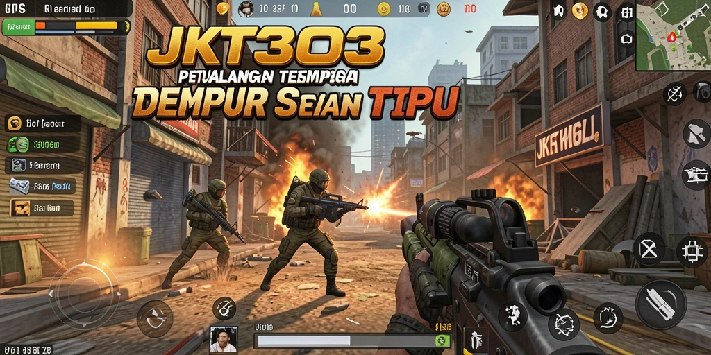 Gameplay JKT303 yang intens dengan aksi tembak-menembak.