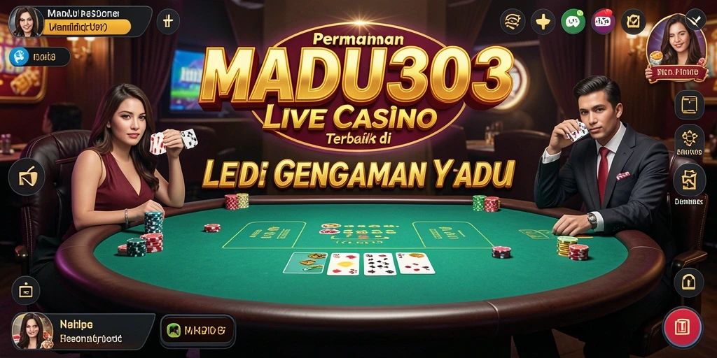Screenshot utama MADU303 menunjukkan dealer langsung dalam suasana Live Casino yang menarik.
