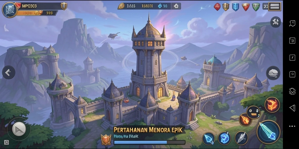 Screenshot MPO303 menampilkan pertarungan menara yang mendebarkan.