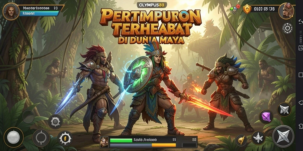 Screenshot gameplay OLYMPUS88 dengan karakter bertarung di arena.