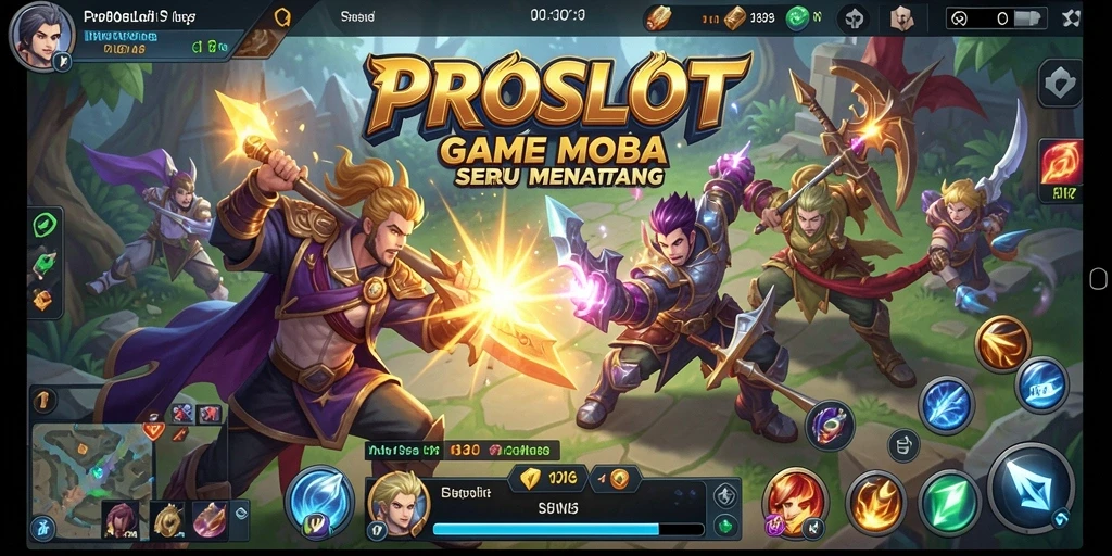 Screenshot utama PROSLOT menunjukkan aksi bertarung dinamis di arena MOBA.