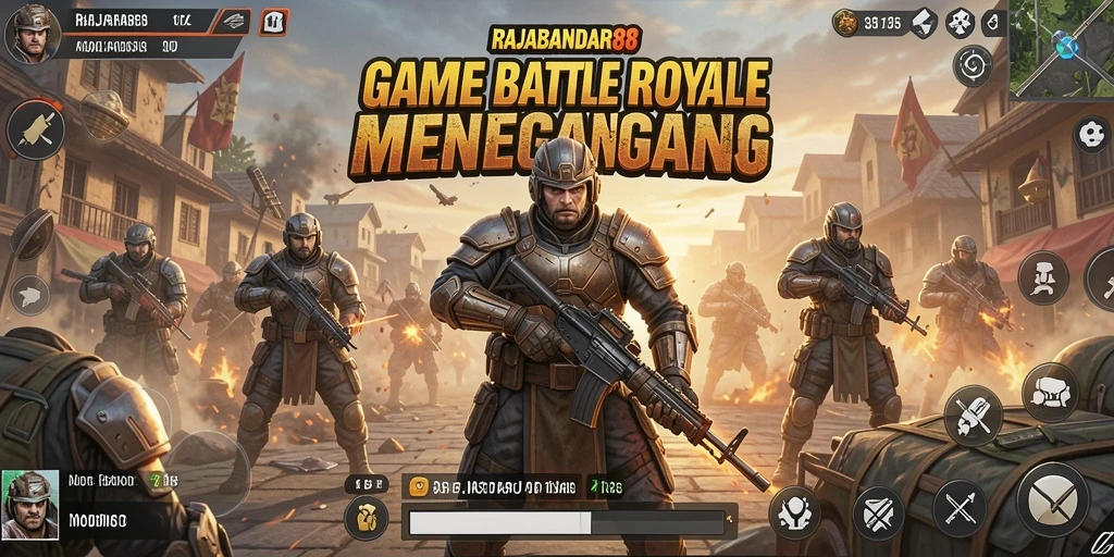 Tangkapan layar utama RAJABANDAR88 menampilkan aksi pertempuran Battle Royale yang seru.