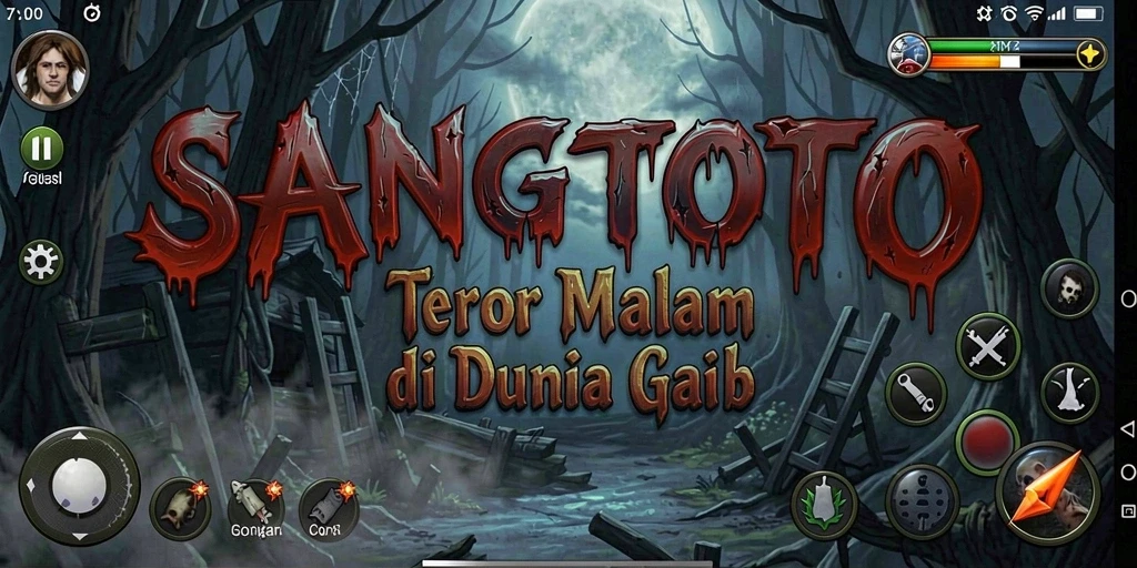 Screenshot gameplay SANGTOTO menampilkan suasana mencekam dan karakter hantu.