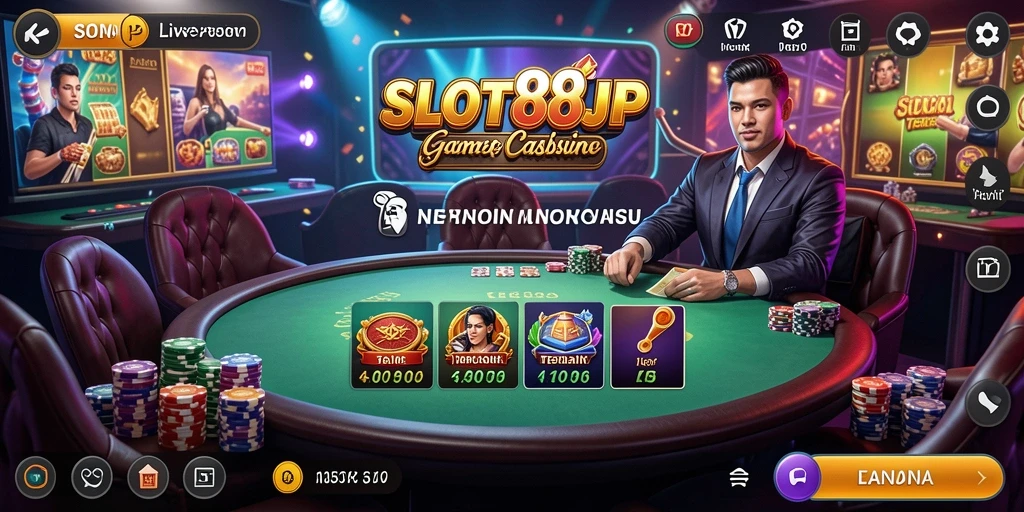 Screenshot utama SLOT88JP menampilkan dealer langsung yang ramah dan suasana kasino yang mendebarkan.