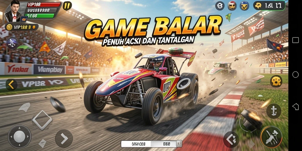 Screenshot menunjukkan aksi balapan seru di VIP188 dengan mobil balap yang kencang.